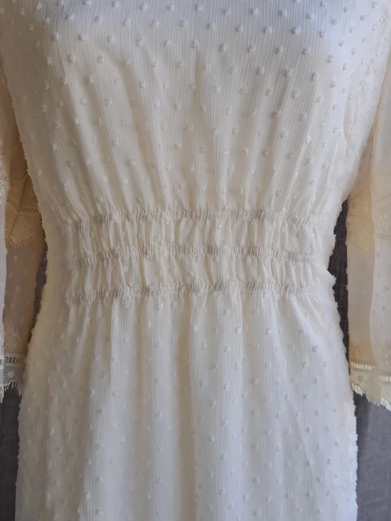Polagram Ivory Swiss Dot Modest Midi Dress Lace Sleeves V-Neck Size L - Picture 5 of 16